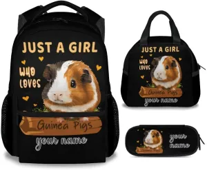 Custom Guinea Pig Backpack with Lunch Box - Set of 3 School Backpacks Matching Combo for Girls - Funny Black Bookbag and Pencil Case Bundle