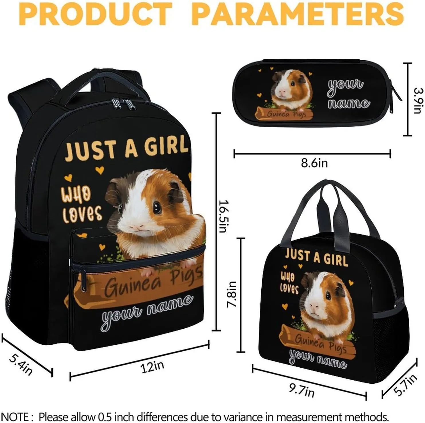 Custom Guinea Pig Backpack with Lunch Box - Set of 3 School Backpacks Matching Combo for Girls - Funny Black Bookbag and Pencil Case Bundle