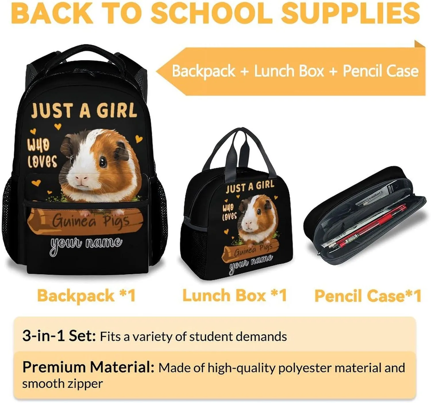Custom Guinea Pig Backpack with Lunch Box - Set of 3 School Backpacks Matching Combo for Girls - Funny Black Bookbag and Pencil Case Bundle