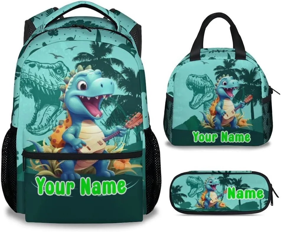 Custom Kids Backpack School Bookbags, Dinosaur Backpack for Girls Boys, 17 Inch School Backpacks for Primary Elementary, Cute Bookbag with Lunch Box and Pencil Case