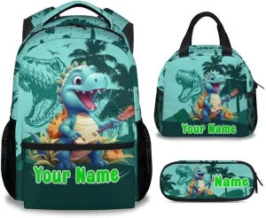 Custom Kids Backpack School Bookbags, Dinosaur Backpack for Girls Boys, 17 Inch School Backpacks for Primary Elementary, Cute Bookbag with Lunch Box and Pencil Case