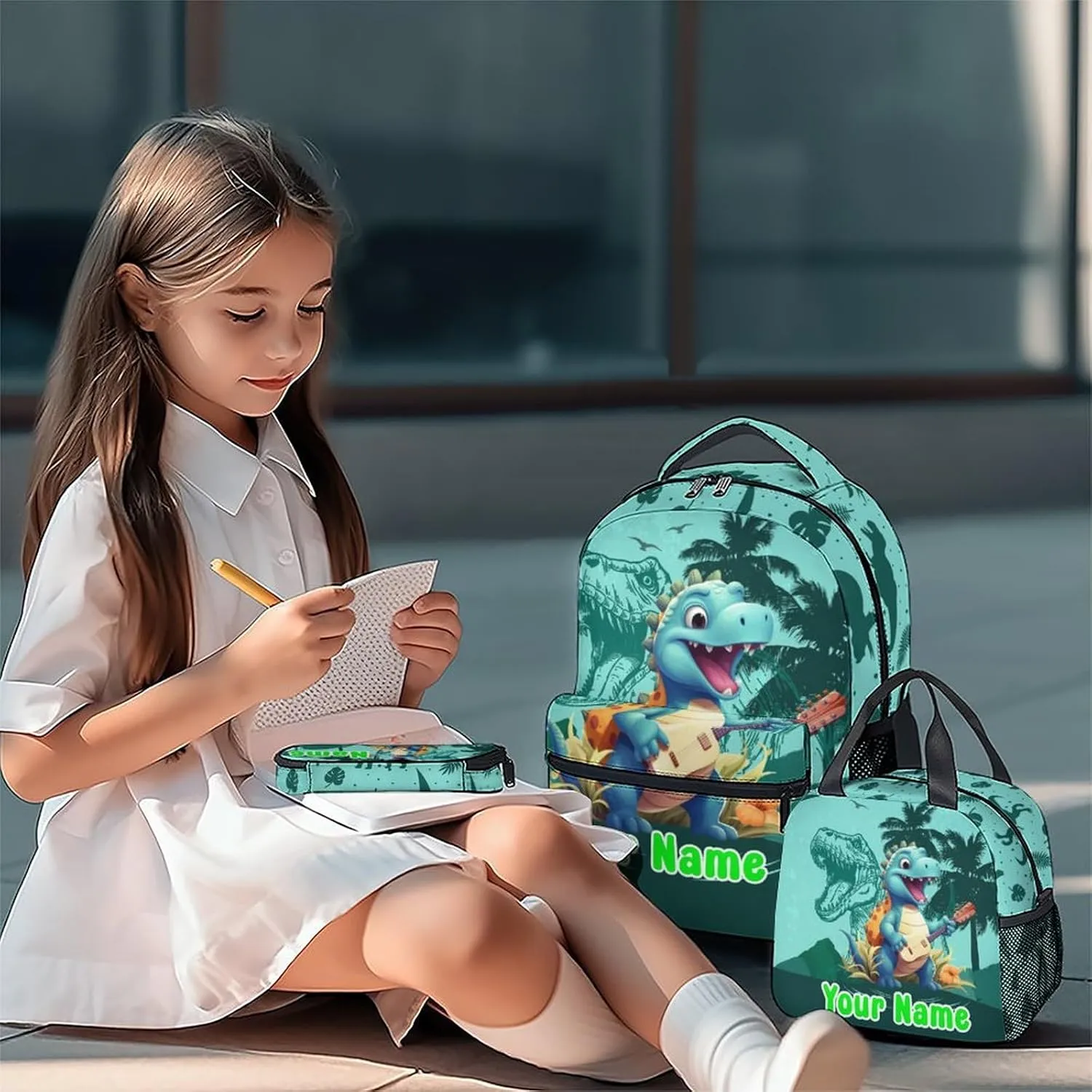 Custom Kids Backpack School Bookbags, Dinosaur Backpack for Girls Boys, 17 Inch School Backpacks for Primary Elementary, Cute Bookbag with Lunch Box and Pencil Case