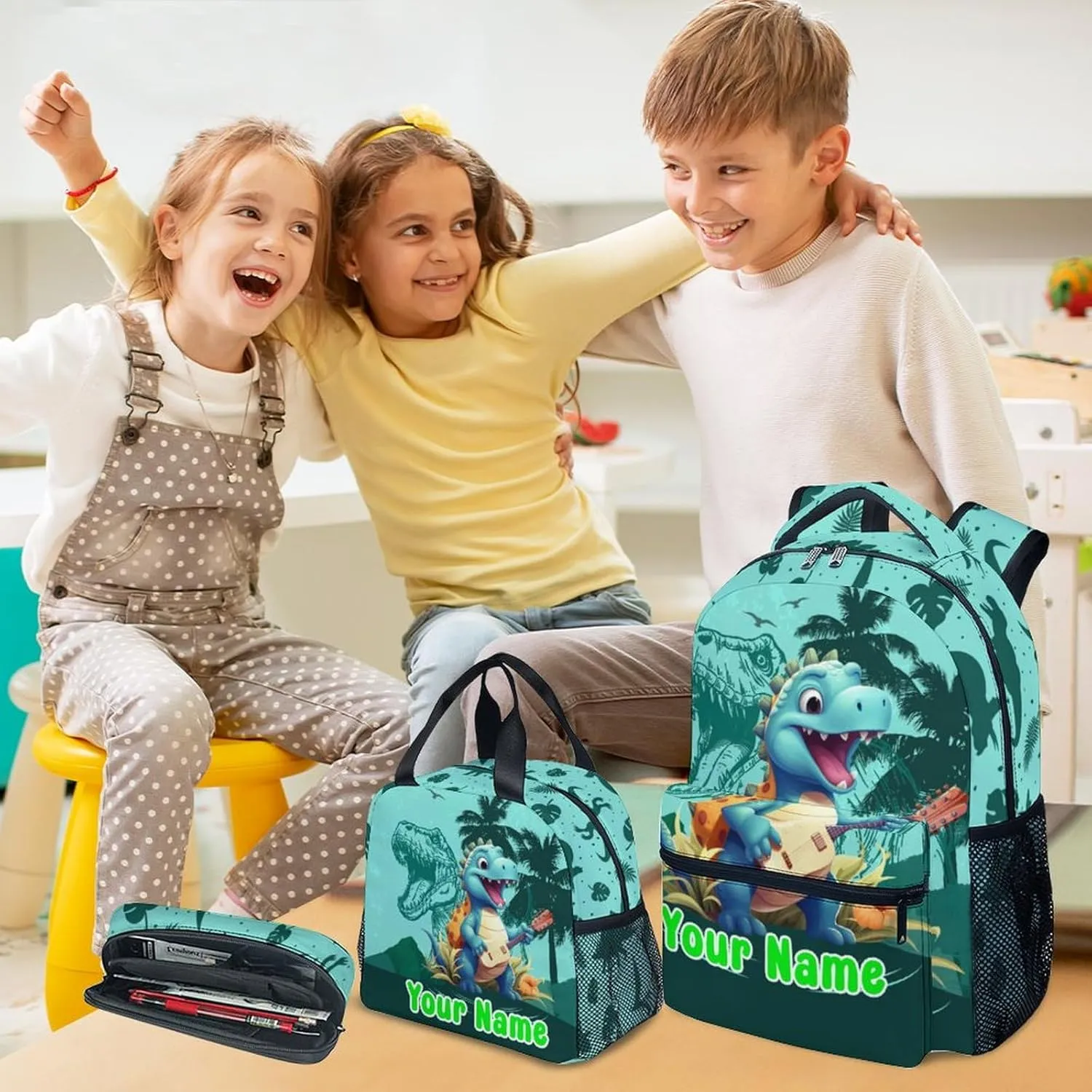 Custom Kids Backpack School Bookbags, Dinosaur Backpack for Girls Boys, 17 Inch School Backpacks for Primary Elementary, Cute Bookbag with Lunch Box and Pencil Case