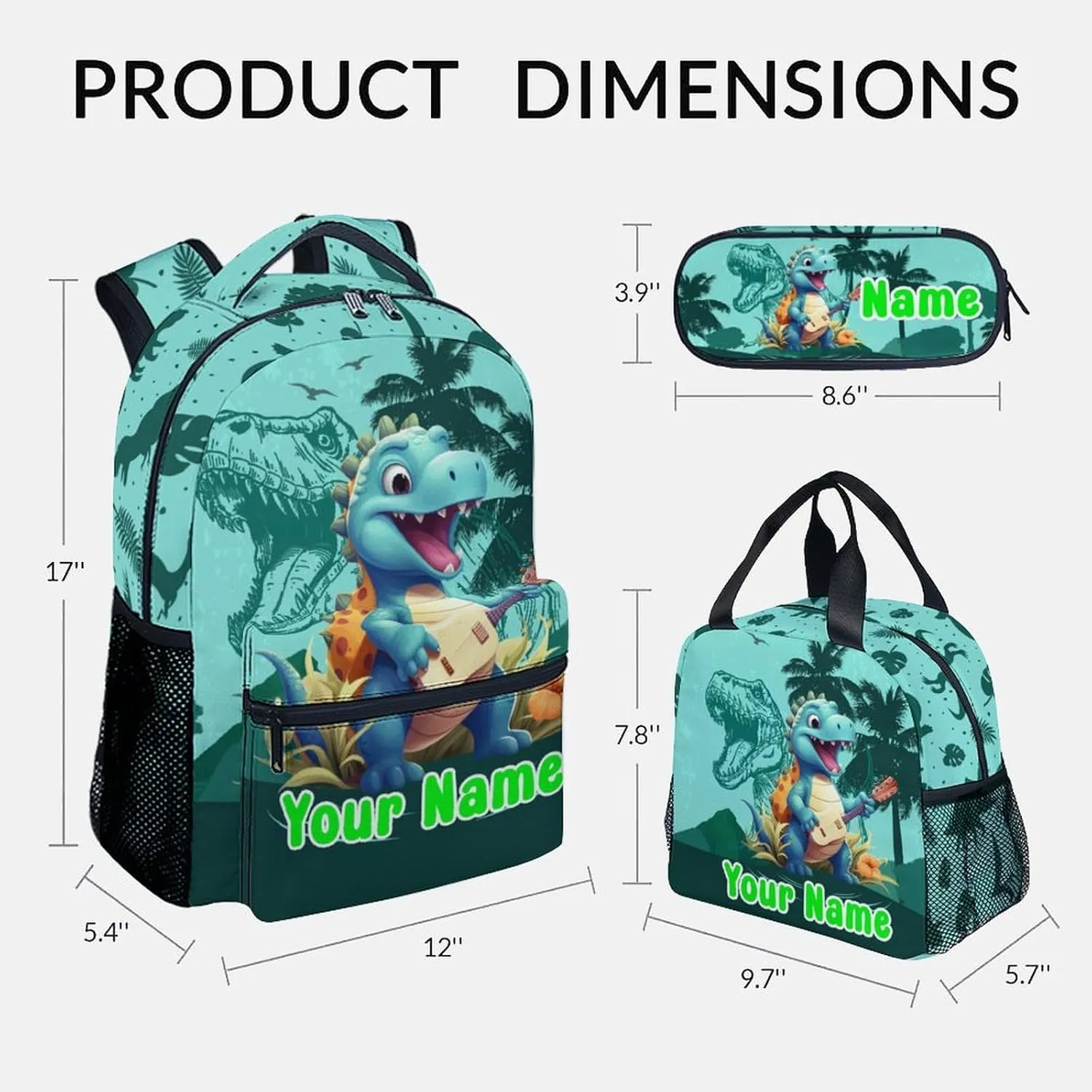 Custom Kids Backpack School Bookbags, Dinosaur Backpack for Girls Boys, 17 Inch School Backpacks for Primary Elementary, Cute Bookbag with Lunch Box and Pencil Case
