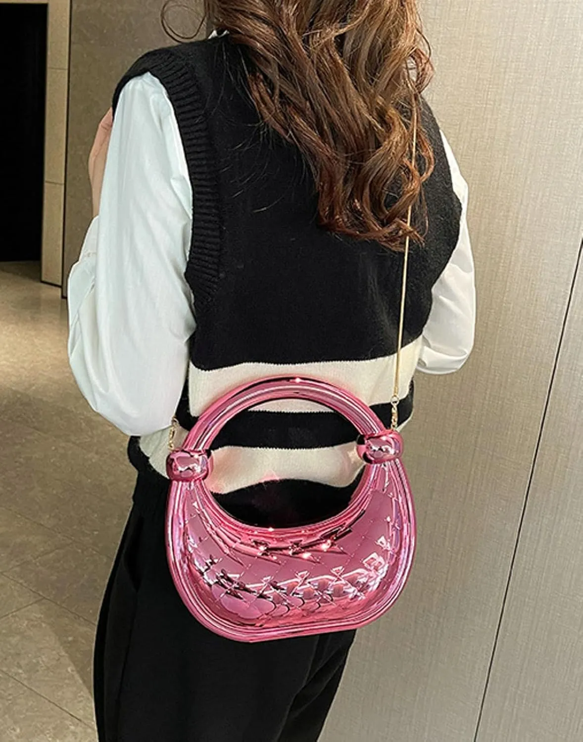 Cute Acrylic Color Block Crescent Handbag Small Unique Purse Metallic Plaid Evening Purse Home Decor Party Cocktail