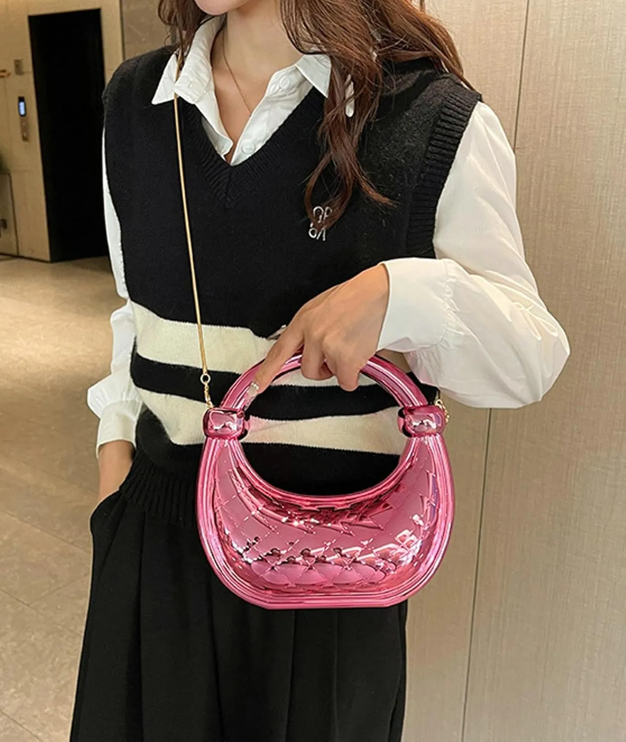 Cute Acrylic Color Block Crescent Handbag Small Unique Purse Metallic Plaid Evening Purse Home Decor Party Cocktail
