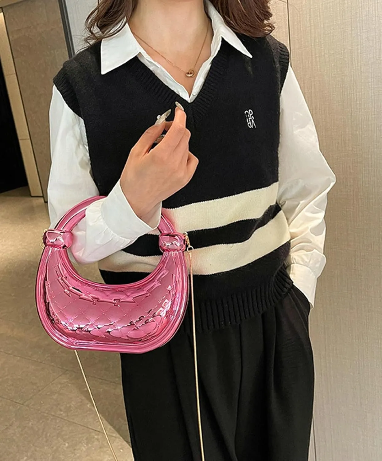 Cute Acrylic Color Block Crescent Handbag Small Unique Purse Metallic Plaid Evening Purse Home Decor Party Cocktail