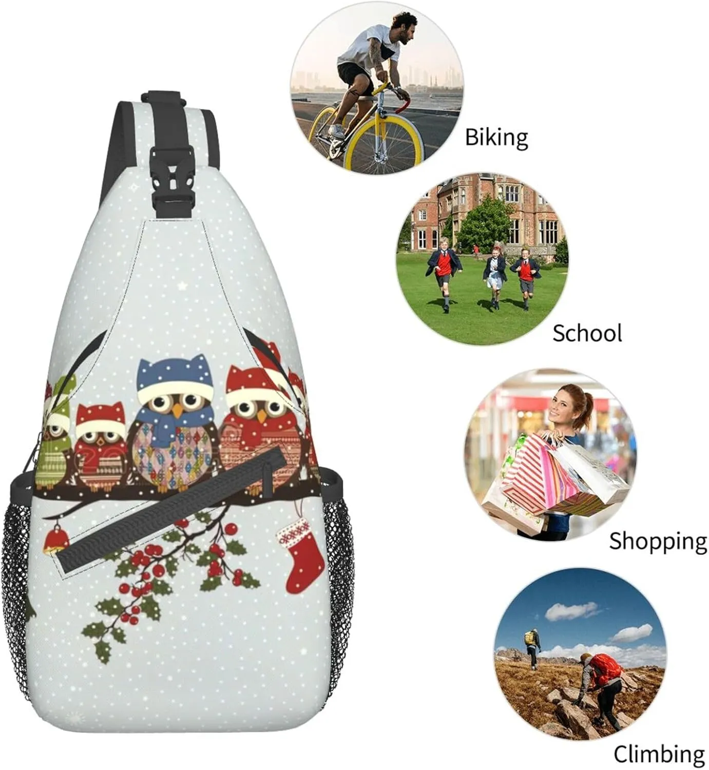Cute Christmas Owls On Branch Unisex Casual Diagonal Chest Bag,Multipurpose Crossbody Shoulder Bag Hiking Daypack