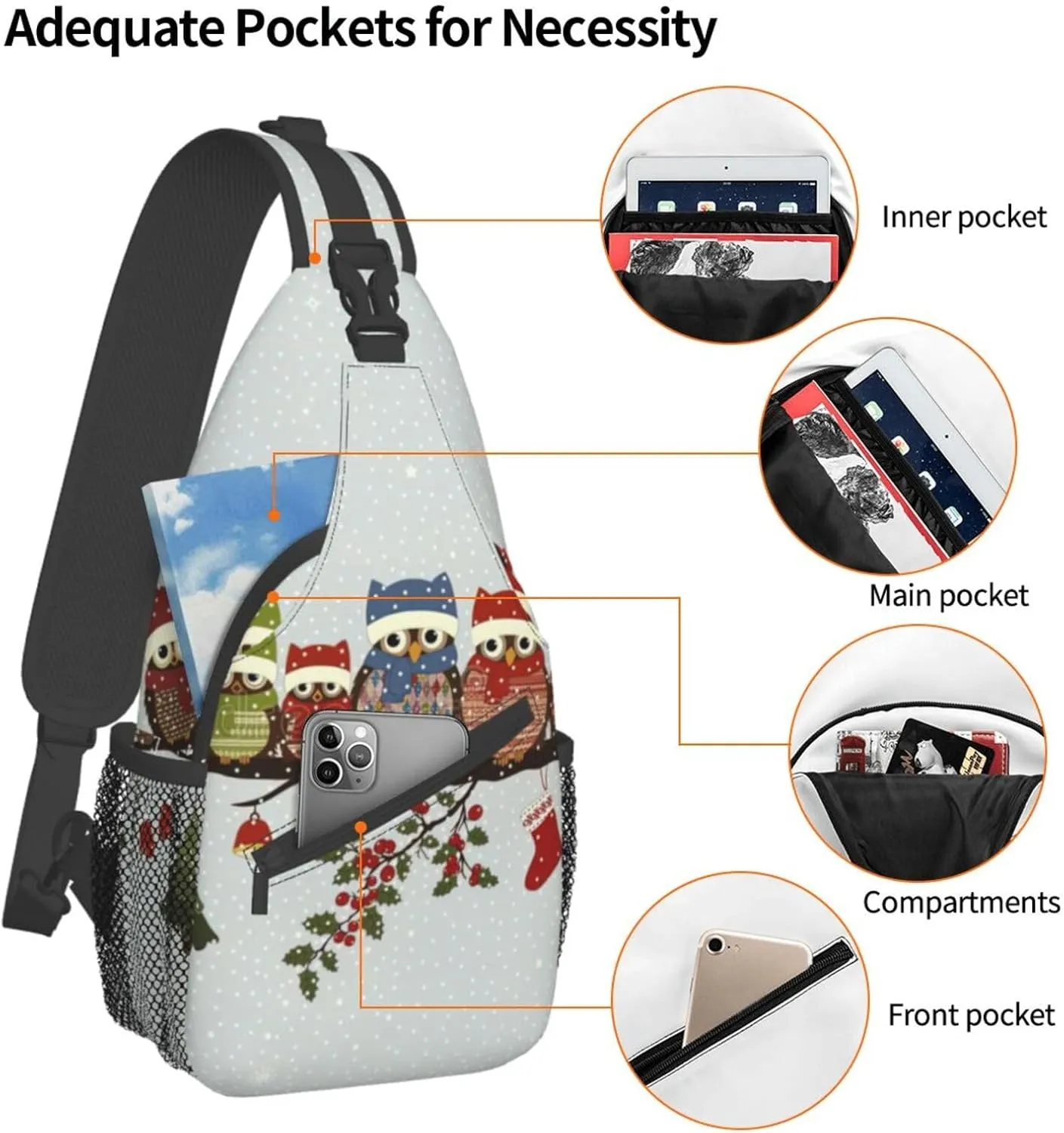 Cute Christmas Owls On Branch Unisex Casual Diagonal Chest Bag,Multipurpose Crossbody Shoulder Bag Hiking Daypack