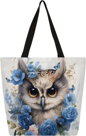 Cute Owl Wreath Watercolour Large Capacity Canvas Tote Bag Stylish Handheld Shoulder Bag Reusable Shopping Bag for Work Travel Beach Trips Shopping