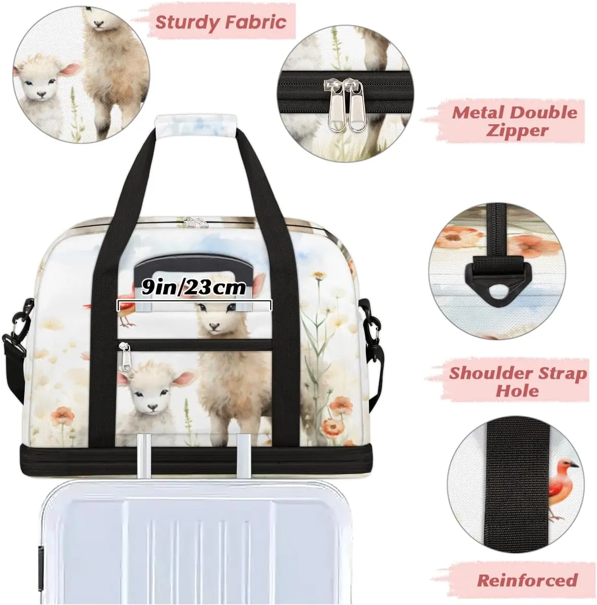 Cute Sheep Lamb Foldable Travel Duffel Bag Overnight Weekender Bag with Shoes Compartment Sports Gym Bag for Men Women