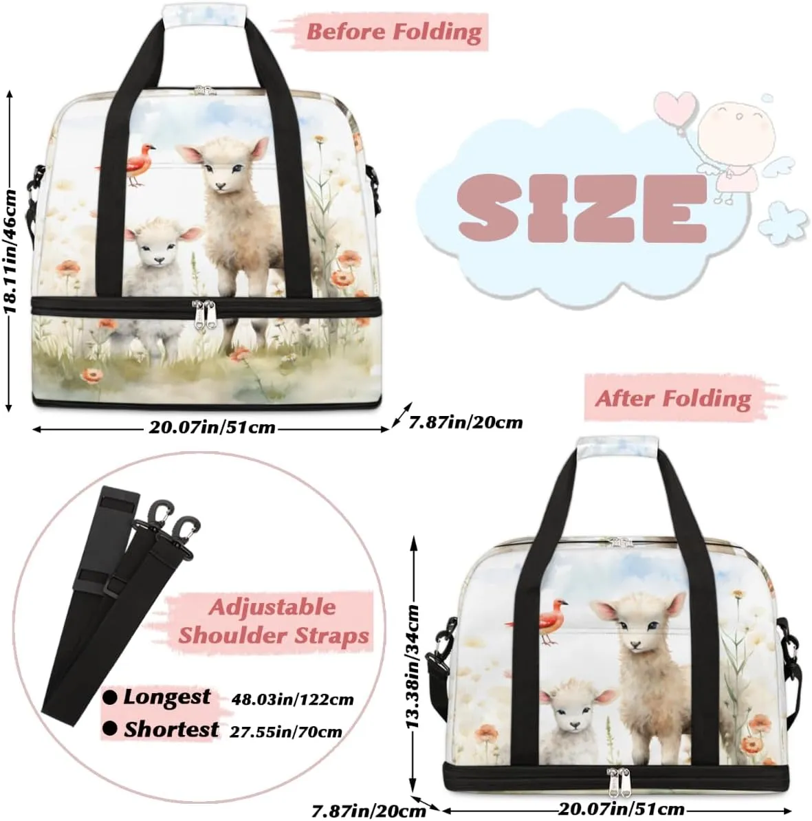 Cute Sheep Lamb Foldable Travel Duffel Bag Overnight Weekender Bag with Shoes Compartment Sports Gym Bag for Men Women