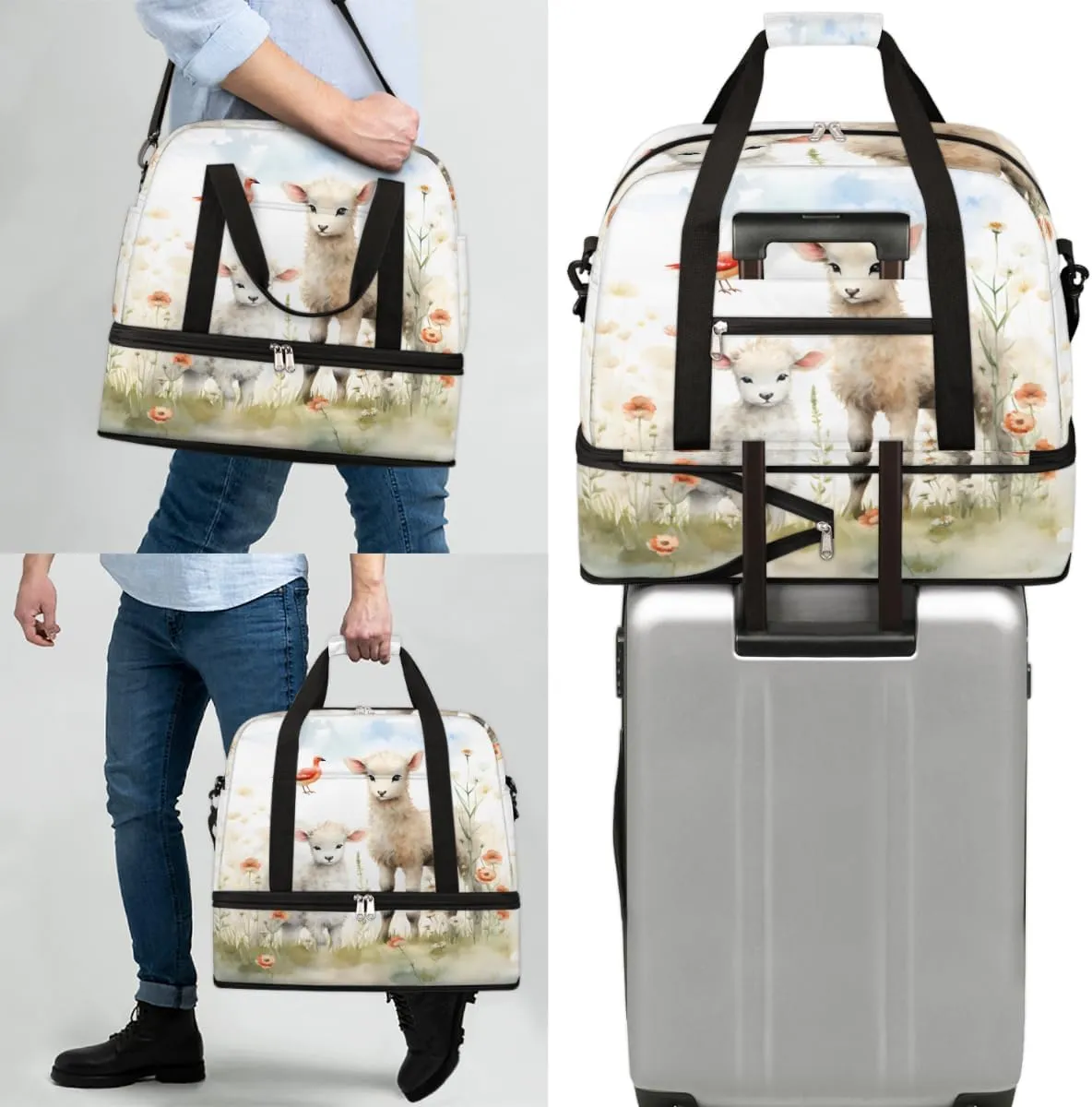 Cute Sheep Lamb Foldable Travel Duffel Bag Overnight Weekender Bag with Shoes Compartment Sports Gym Bag for Men Women