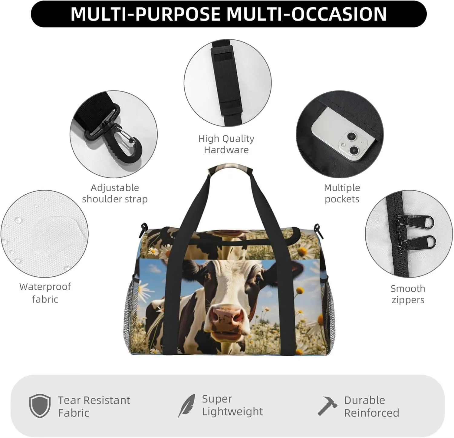 Daisy Cow Duffle Bag Foldable Travel Tote Bag Carry On Large Weekender Overnight Bags Waterproof Gym Bag For Women Men