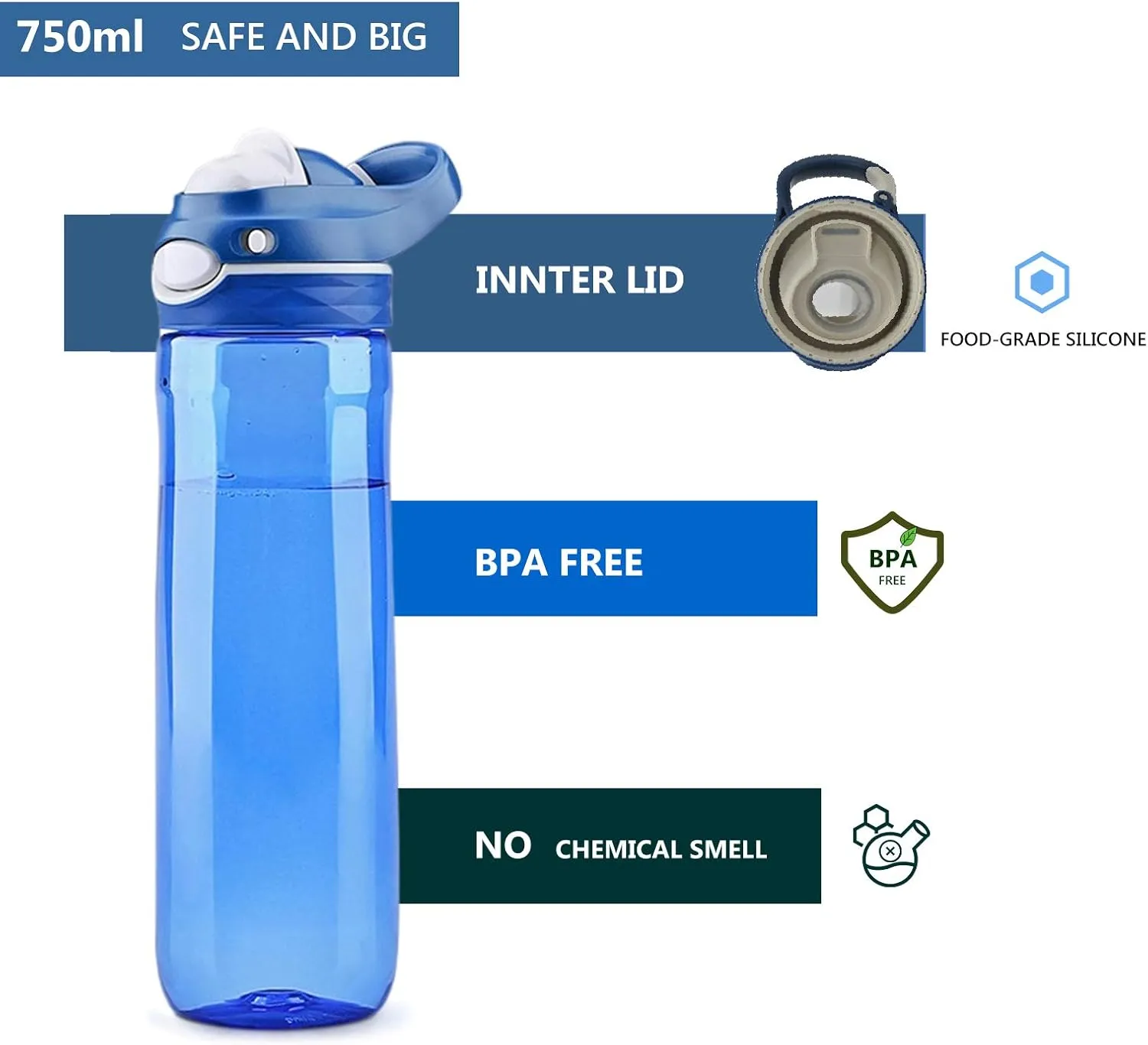 DEARART 2-Pack 26oz Blue Water Bottle and Grey Water Bottle Without Straw Wide Mouth, BPA FREE AUTOSEAL Has Handle Easy Carried, Suit Sports Travel Office School Work etc.