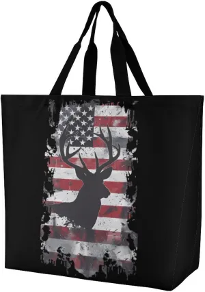 Deer Hunting U.S. Flag Large Tote Bag for Women Shoulder HandBag Shopping Purse for Travel Work Gym