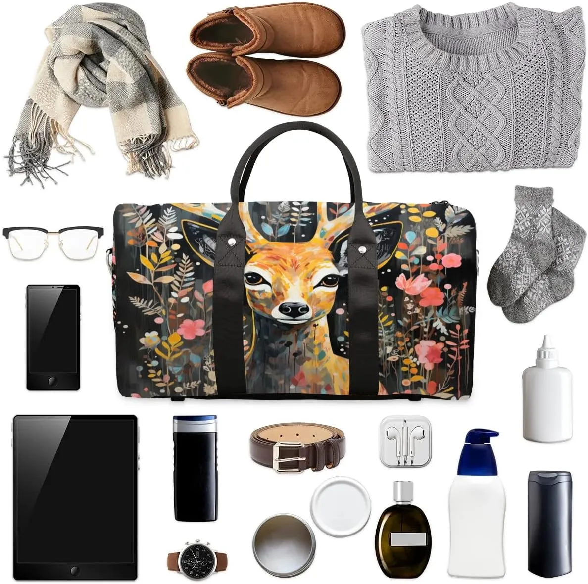 Deer Printed Travel Duffel Bag for Women Men Waterproof Foldable Overnight Weekender Bag Large Capacity Sports Gym Bag