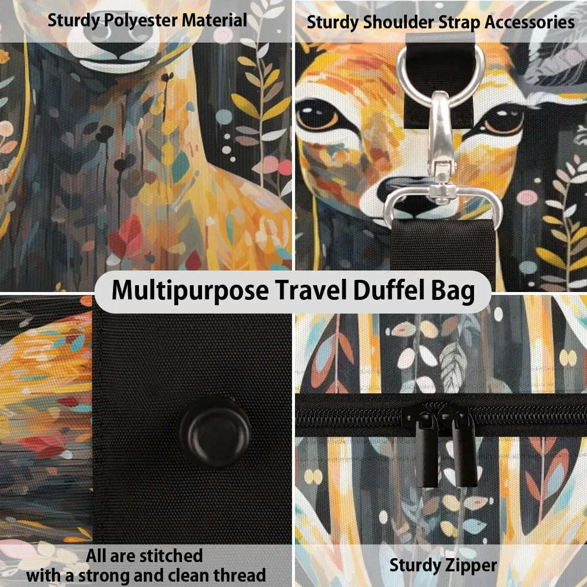 Deer Printed Travel Duffel Bag for Women Men Waterproof Foldable Overnight Weekender Bag Large Capacity Sports Gym Bag