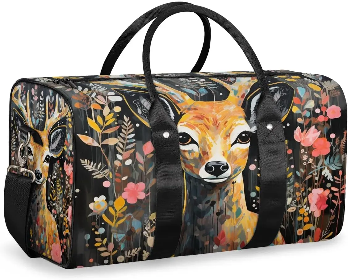 Deer Printed Travel Duffel Bag for Women Men Waterproof Foldable Overnight Weekender Bag Large Capacity Sports Gym Bag