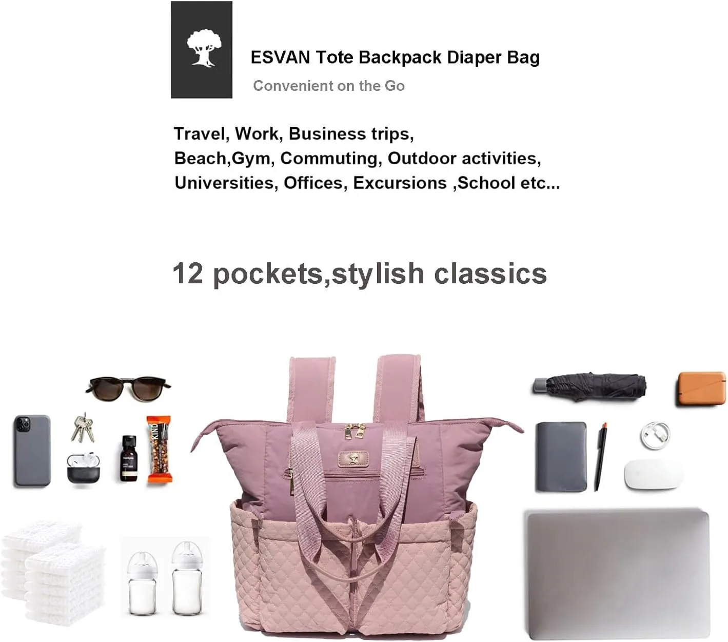 Diaper Tote Bag Totepack Backpack 2 in 1 for Women Multifunctional Large Capacity with Insulated Pockets Travel