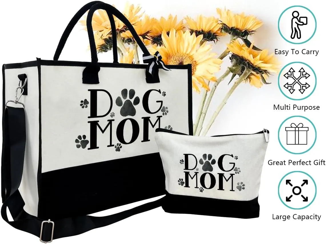 Dog Mom Canvas Tote With Zipper - Shoulder Beach Bag for Women, Going Out & Travel Gifts