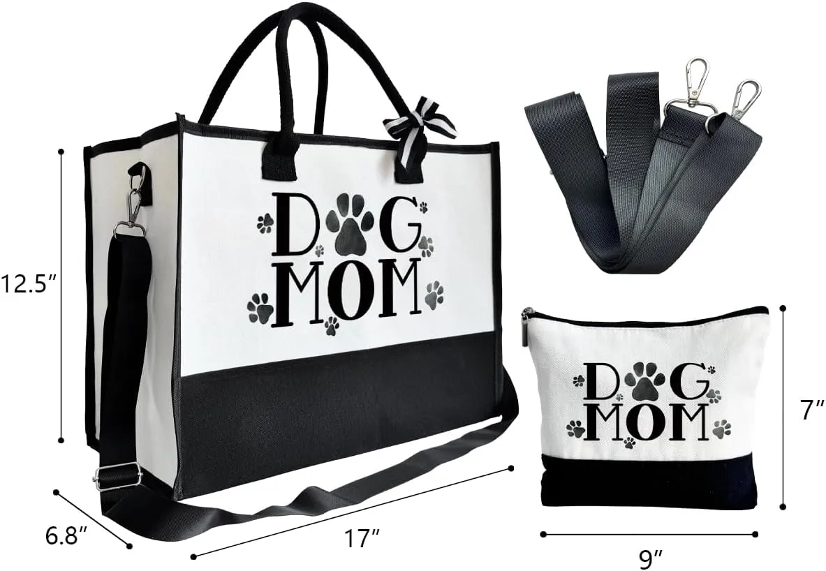 Dog Mom Canvas Tote With Zipper - Shoulder Beach Bag for Women, Going Out & Travel Gifts