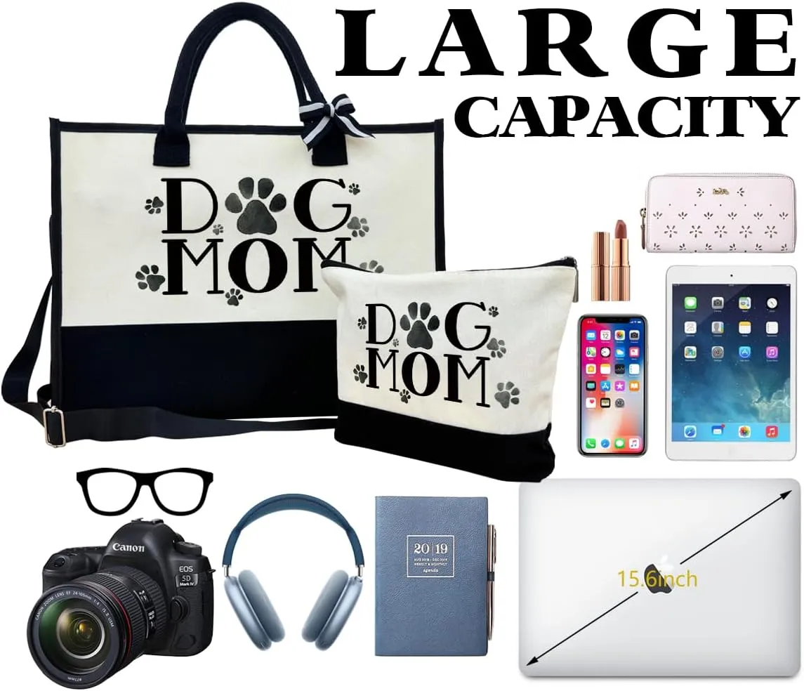 Dog Mom Canvas Tote With Zipper - Shoulder Beach Bag for Women, Going Out & Travel Gifts