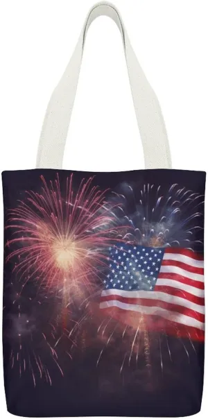 Double-sided Firework American Flag Printed Canvas Tote Bag, Printed Simple Tote Bag, Shoulder Tote Bag, Canvas Bag with Inner Pocket