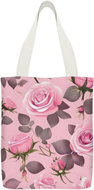 Double-sided Pretty Roses Printed Canvas Tote Bag, Printed Simple Tote Bag, Shoulder Tote Bag, Canvas Bag with Inner Pocket