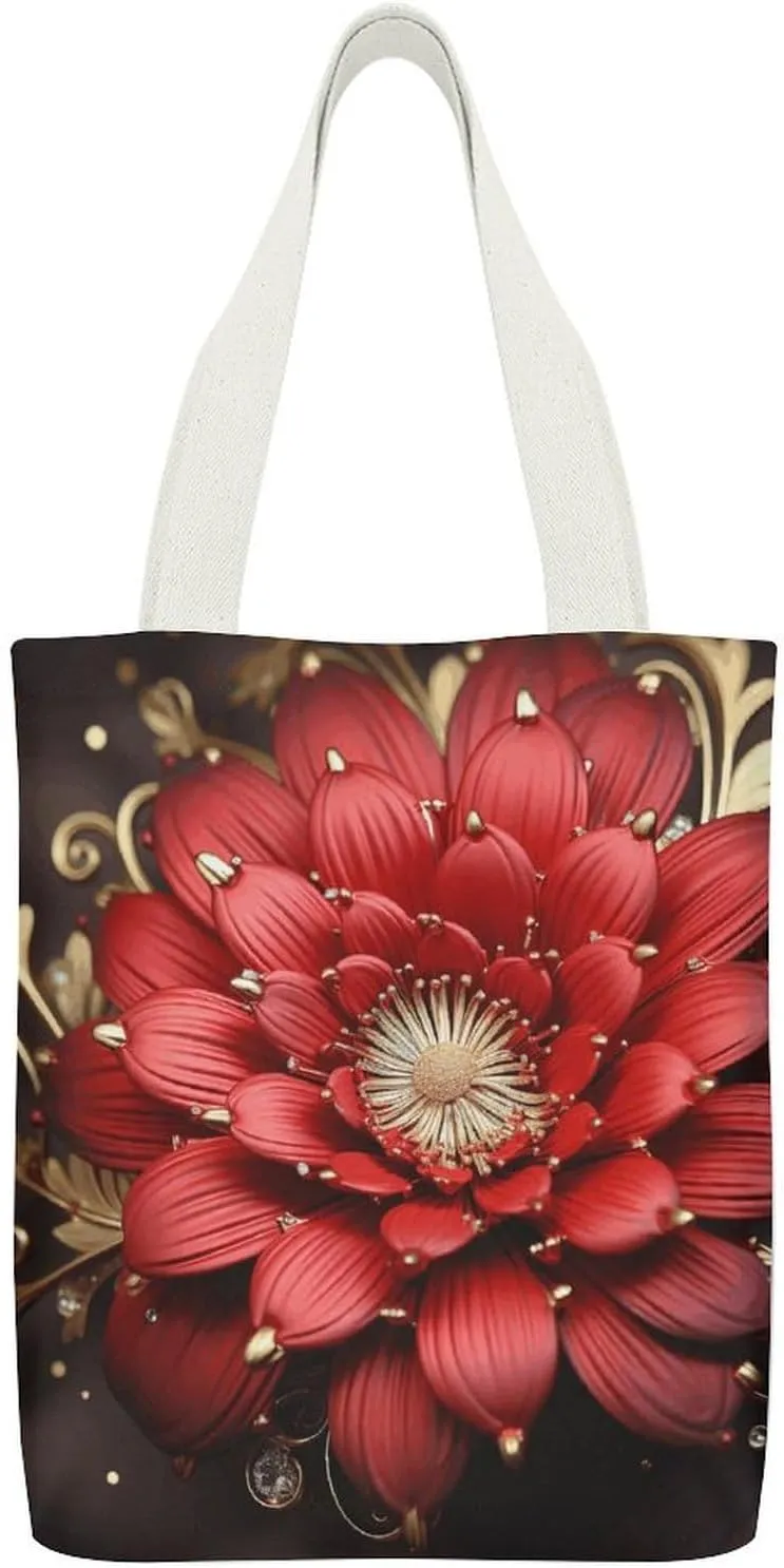 Double-sided Red Gold Flower Printed Canvas Tote Bag, Printed Simple Tote Bag, Shoulder Tote Bag, Canvas Bag with Inner Pocket