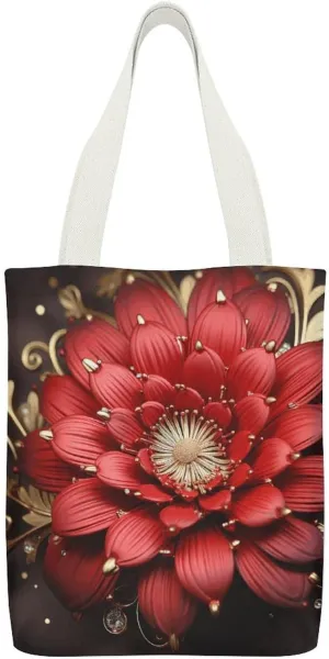 Double-sided Red Gold Flower Printed Canvas Tote Bag, Printed Simple Tote Bag, Shoulder Tote Bag, Canvas Bag with Inner Pocket