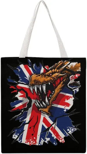 Dragon Grunge England Flag Novelty Tote Bag Canvas Shoulder Bag Reusable Grocery Shopping Bag Funny Handbag Printed
