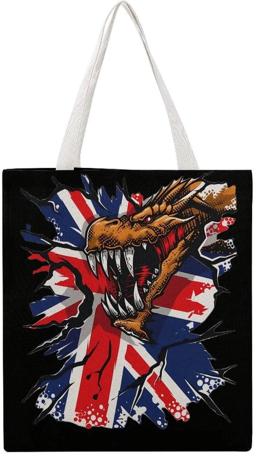 Dragon Grunge England Flag Novelty Tote Bag Canvas Shoulder Bag Reusable Grocery Shopping Bag Funny Handbag Printed