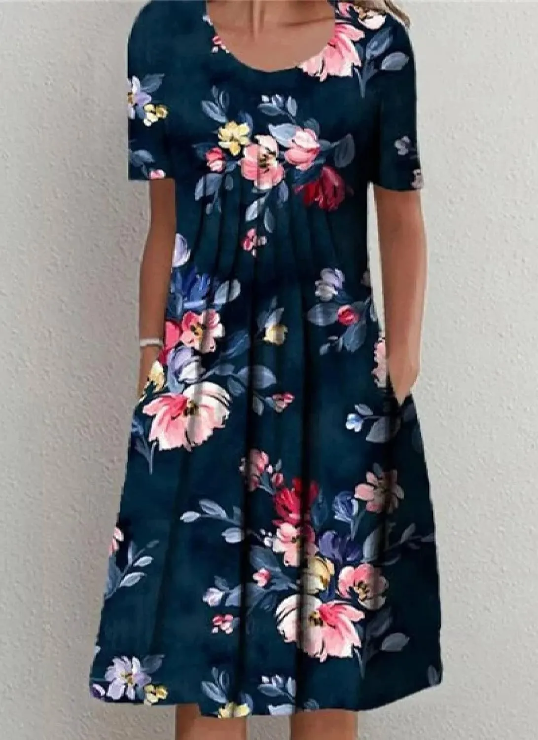 Dresses for Women Summer Classic Print Round Neck Short Sleeve Dress Leisure Shift Midi Dress Casual Dresses