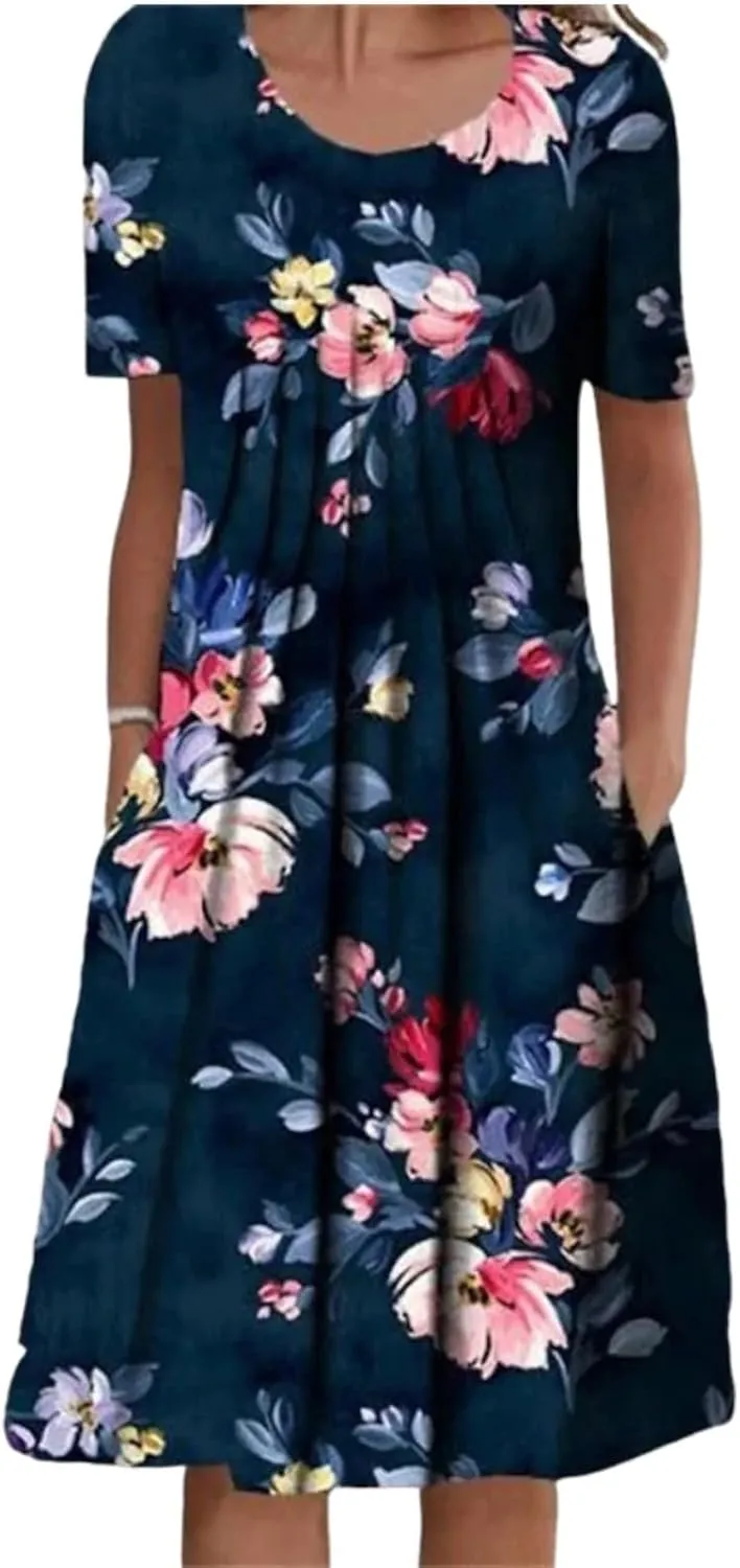 Dresses for Women Summer Classic Print Round Neck Short Sleeve Dress Leisure Shift Midi Dress Casual Dresses