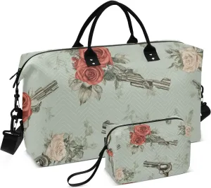 Duffel Bag Carry On Personal Item Bag Tote Bag with Adjustable Strap for Gym 2 Pcs Set Red Gothic Rose with Metal