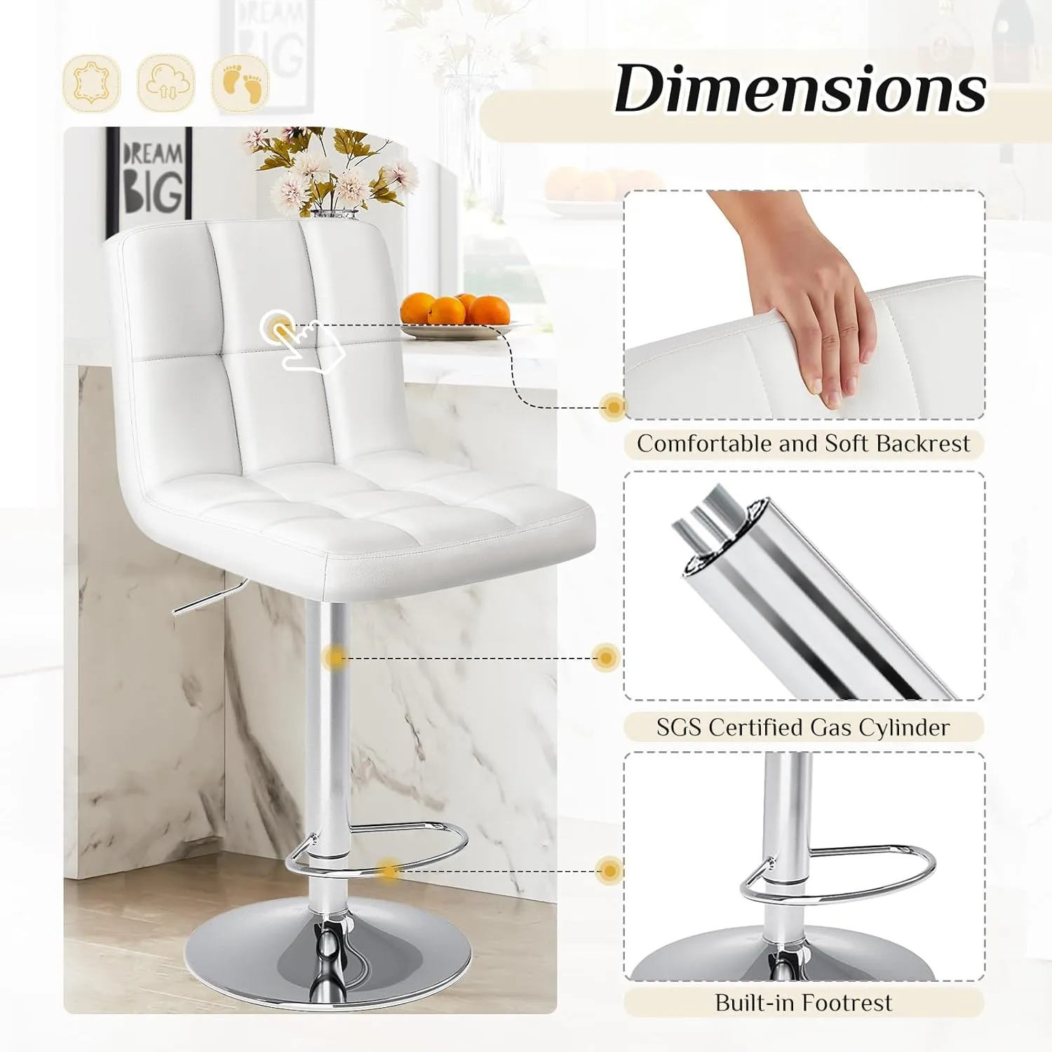 DUMOS Bar Stools Set of 4, 24 inch Counter Height Bar Stools, Upholstered Modern Kitchen Barstools with Metal Base, PU Leather Saddle Stools for Kitchen Island, White