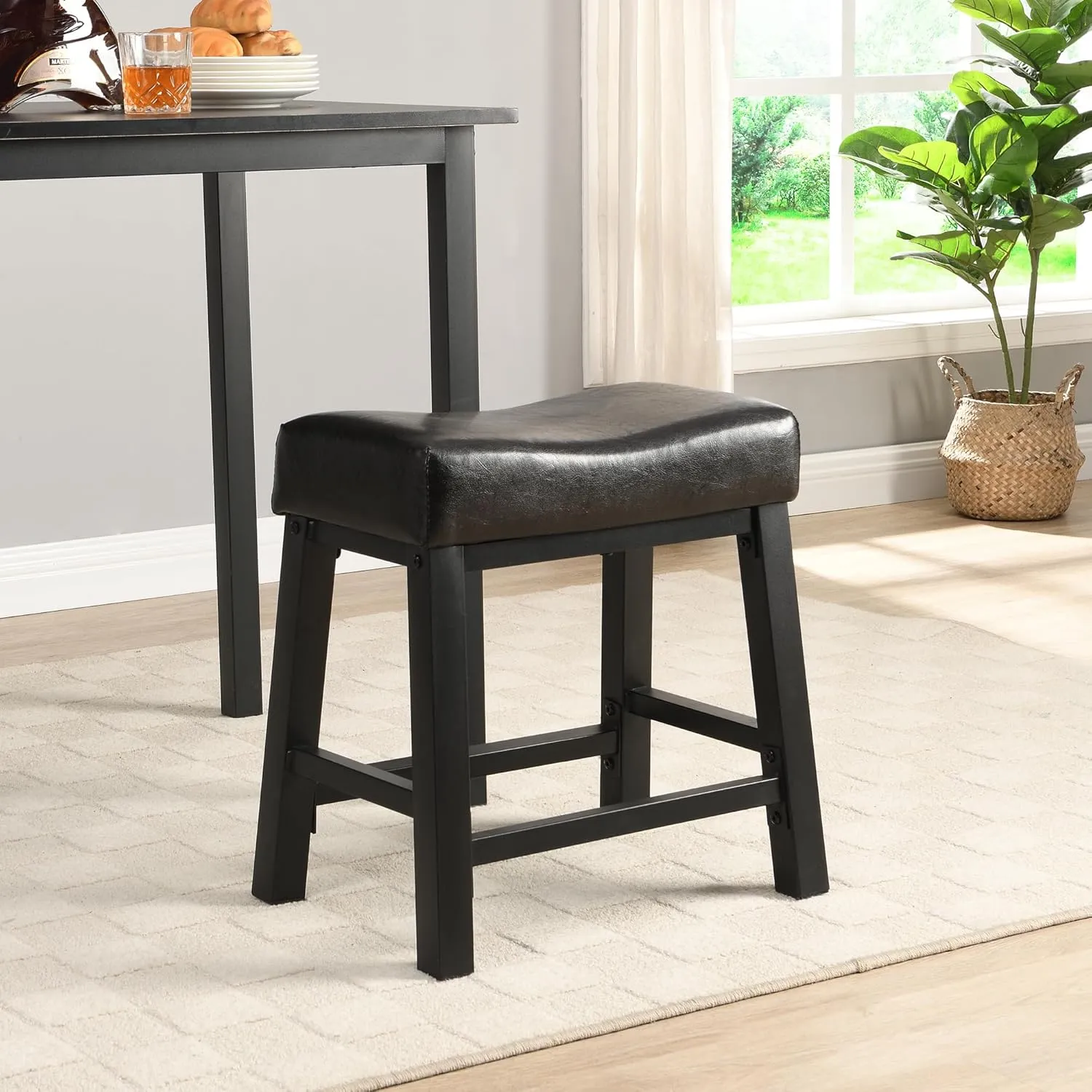 eHemco Heavy-Duty Padded Faux Leather Saddle Seat Kitchen Counter Height Barstools, 18.9 Inches, Black, Set of 2