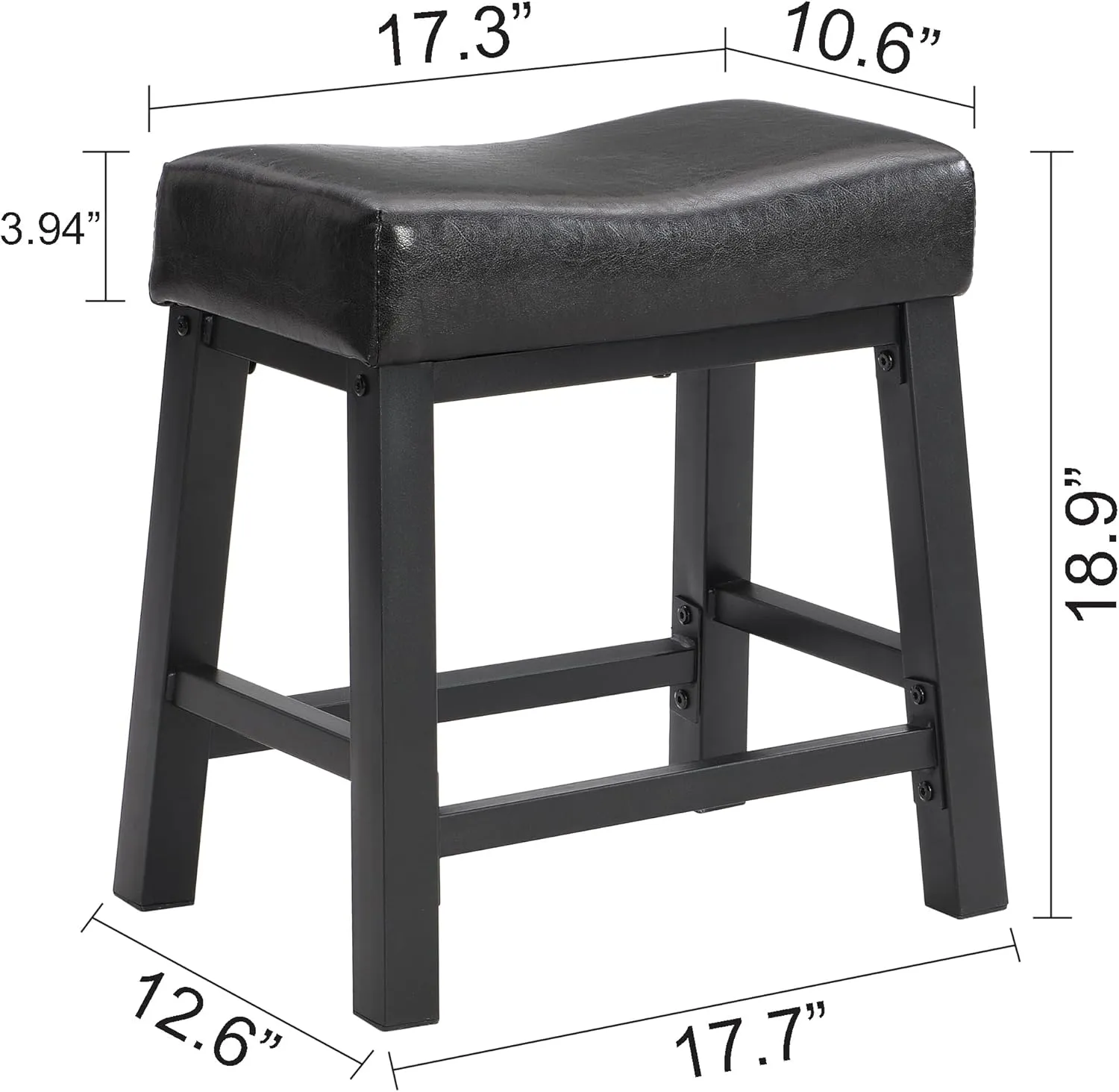 eHemco Heavy-Duty Padded Faux Leather Saddle Seat Kitchen Counter Height Barstools, 18.9 Inches, Black, Set of 2
