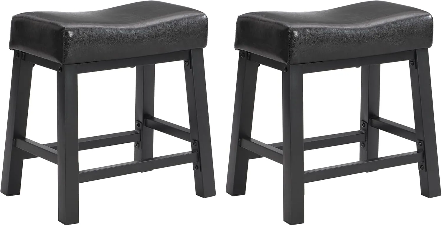 eHemco Heavy-Duty Padded Faux Leather Saddle Seat Kitchen Counter Height Barstools, 18.9 Inches, Black, Set of 2