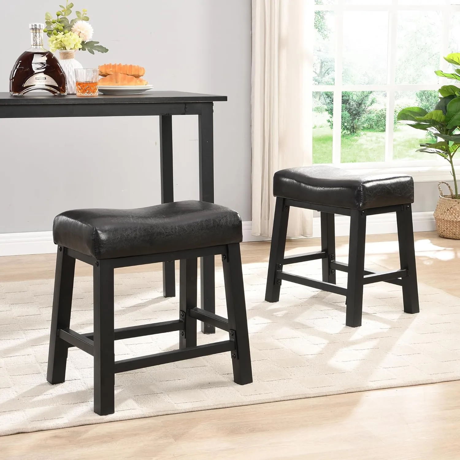 eHemco Heavy-Duty Padded Faux Leather Saddle Seat Kitchen Counter Height Barstools, 18.9 Inches, Black, Set of 2