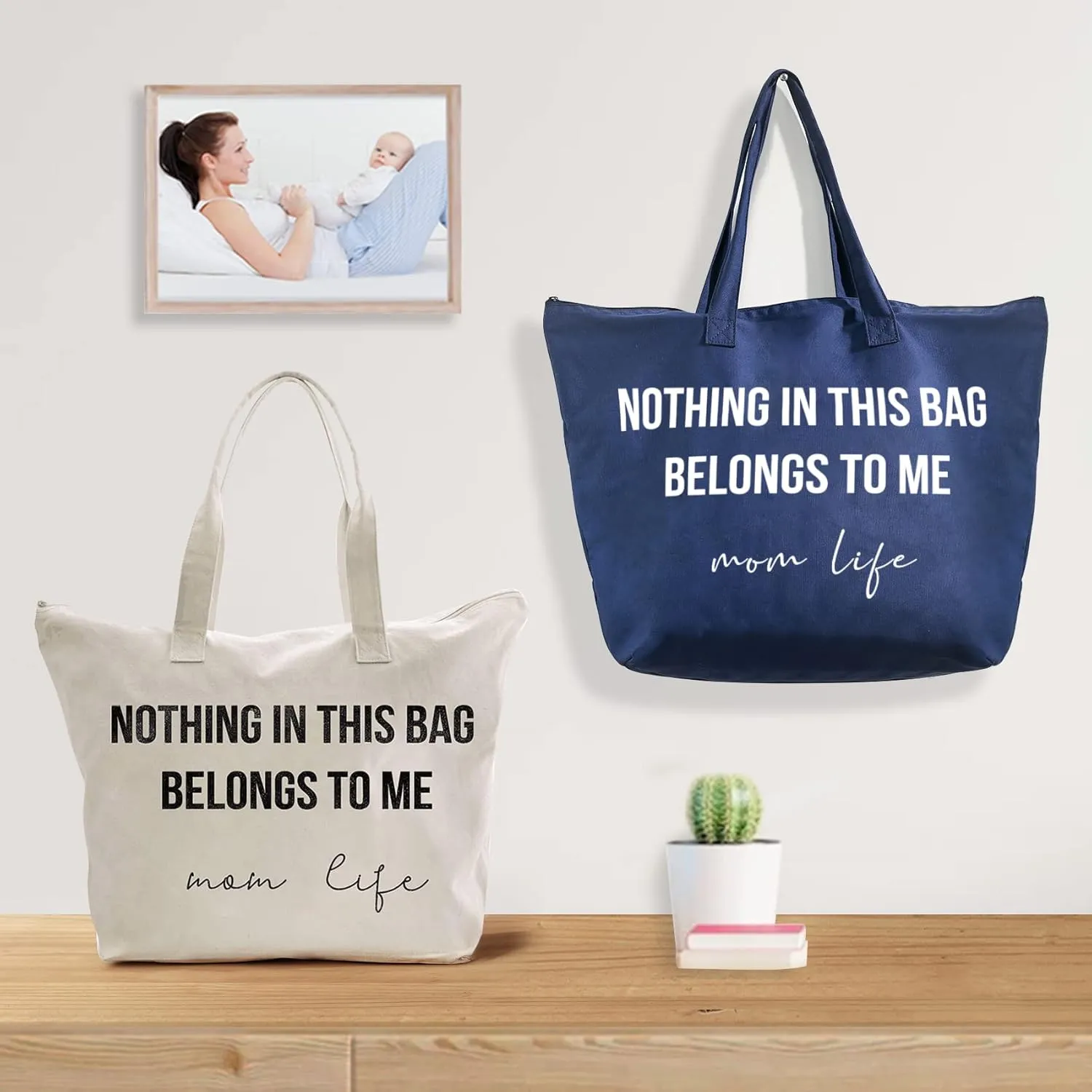 ELEGANTPARK Baby Shower Gifts for New Mom Life Tote Bag Mothers Day Christmas Birthday Valentines Day Gifts for Mom to be Canvas Tote with Zipper and Pocket Shoulder Bag Cotton Ivory