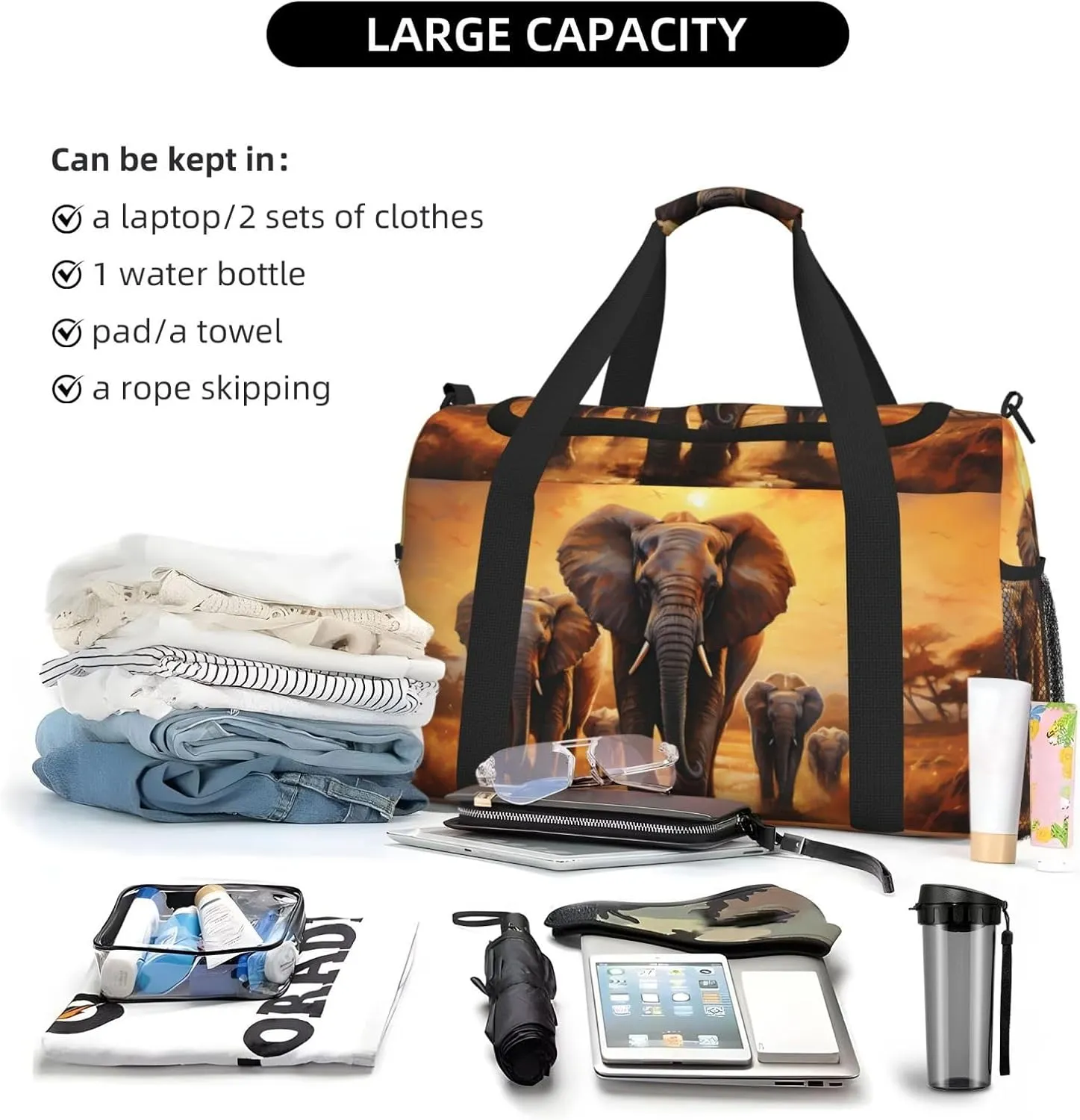 Elephant Migration Duffle Bag Foldable Travel Tote Bag Carry On Large Weekender Overnight Bags Waterproof Gym Bag For Women Men