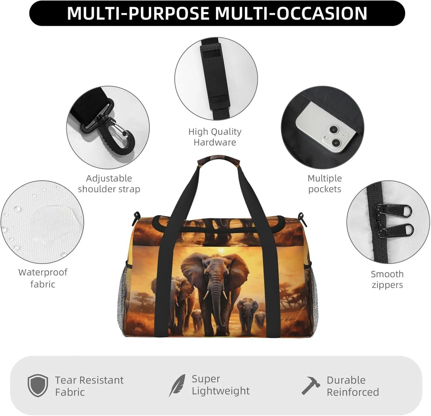 Elephant Migration Duffle Bag Foldable Travel Tote Bag Carry On Large Weekender Overnight Bags Waterproof Gym Bag For Women Men
