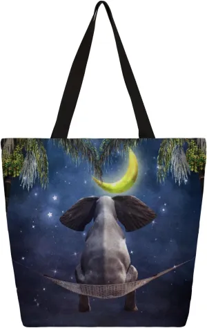Elephant Night Moon Large Capacity Canvas Tote Bag Stylish Handheld Shoulder Bag Reusable Shopping Bag for Work Travel Beach Trips Shopping