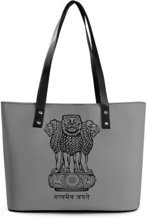 Emblem of India Novelty Fashion Women's Handbags Printed Tote Bag Shoulder Purse Top Handle With Pocket 11 X 11.5 X 5.5 Inch