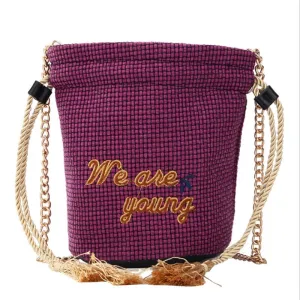 Embroidered Tasseled Drawstring Bucket Bag