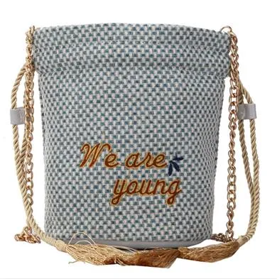 Embroidered Tasseled Drawstring Bucket Bag