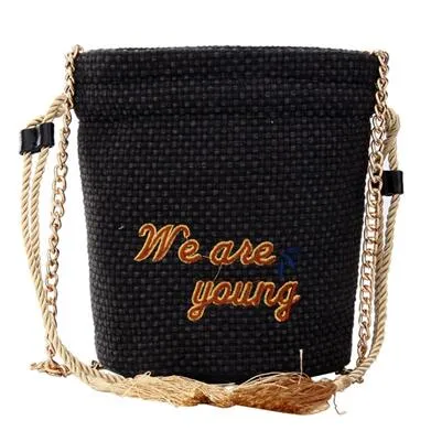 Embroidered Tasseled Drawstring Bucket Bag