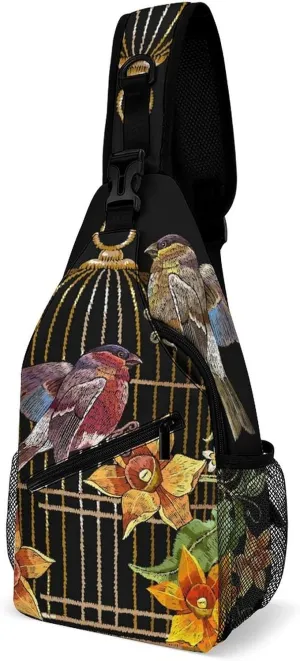 Embroidery Flowers Birds Sling Bag Crossbody for Women Men Lightweight Adjustable Extender Strap Ethnic Shoulder Backpack with Water Bottle Holder Casual Daypack for Hiking Travel